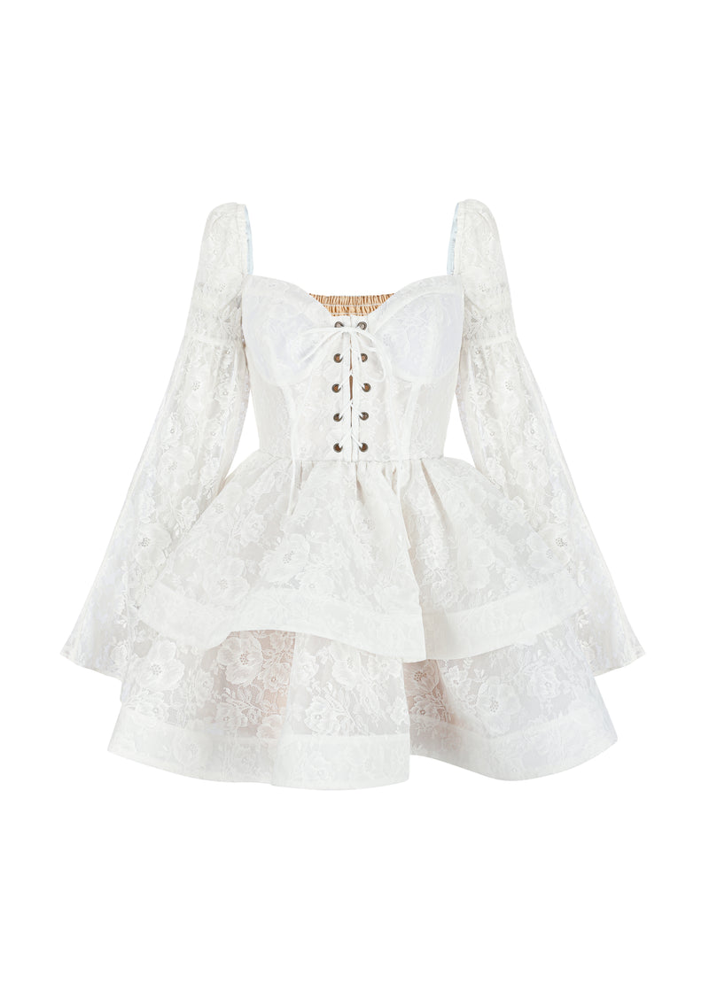 The Wavy Mini Dress in White Lace