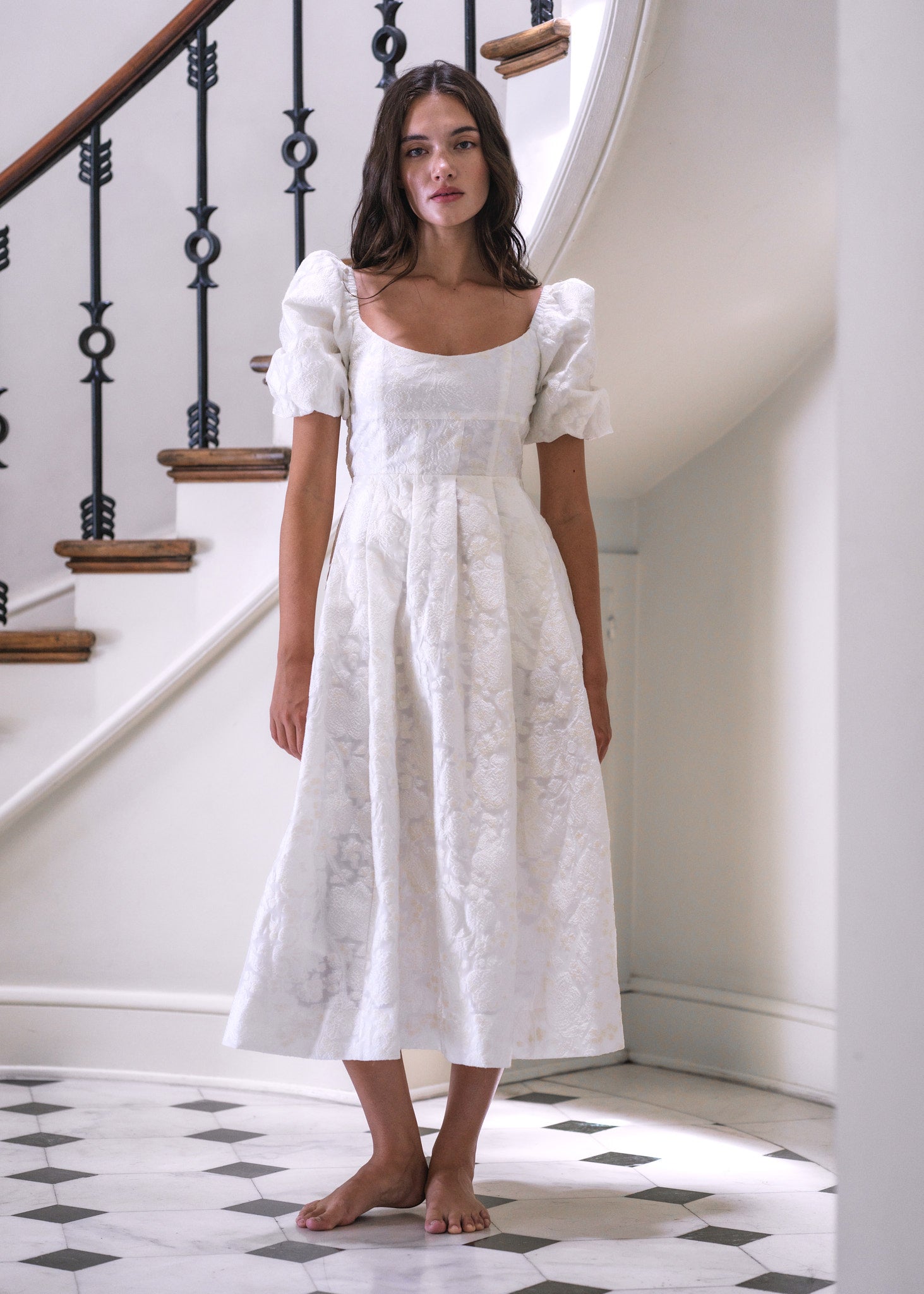 maison amory maiden short sleeve jacquard midi dress Maison Amory Maiden Short-Sleeve Jacquard Midi Dress