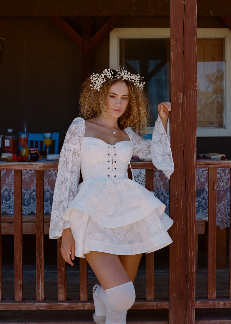 The Wavy Mini Dress in White Lace